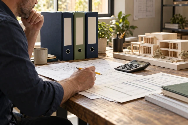 A fictional estimator reviews project archive binders and cost sheets beside a pale wood architectural model.