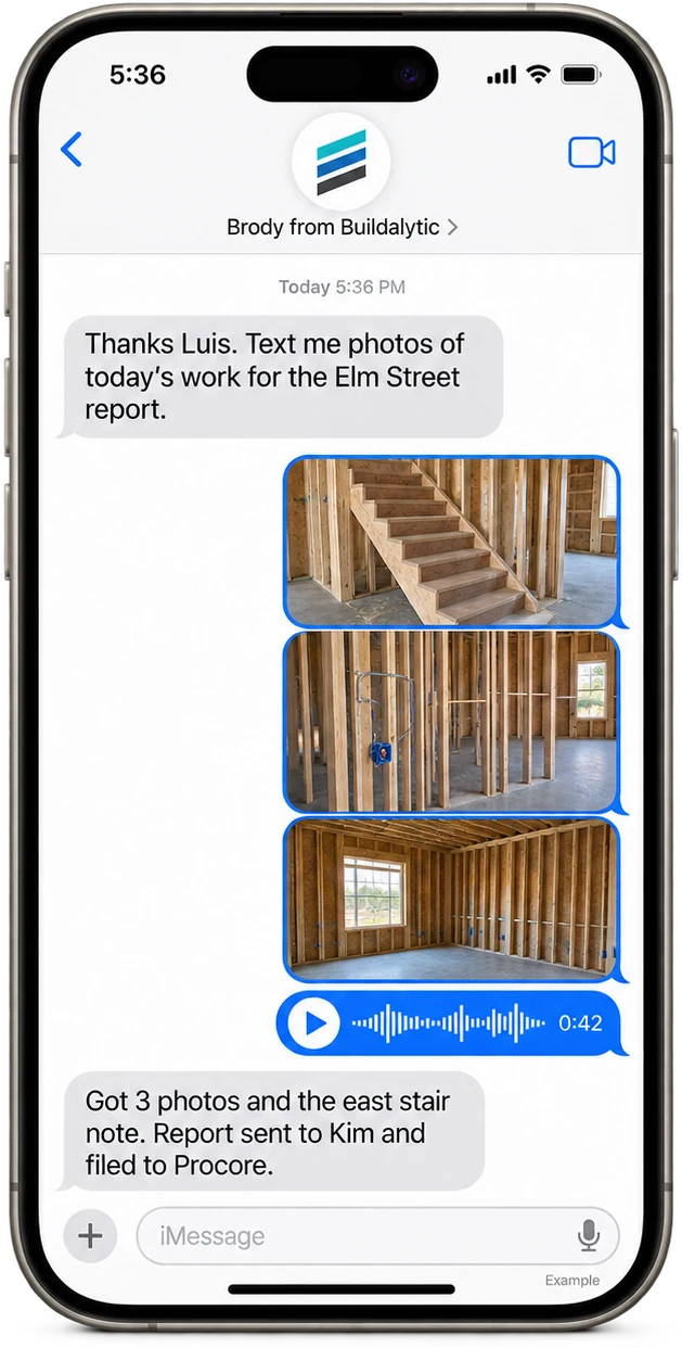 An iPhone Messages thread where Luis texts Brody three photos and a voice note and Brody confirms the Elm Street report was sent and filed