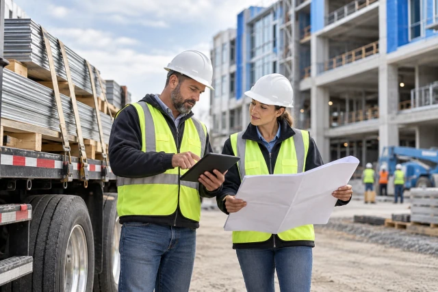 Construction coordinators review a delivery beside a parked truck