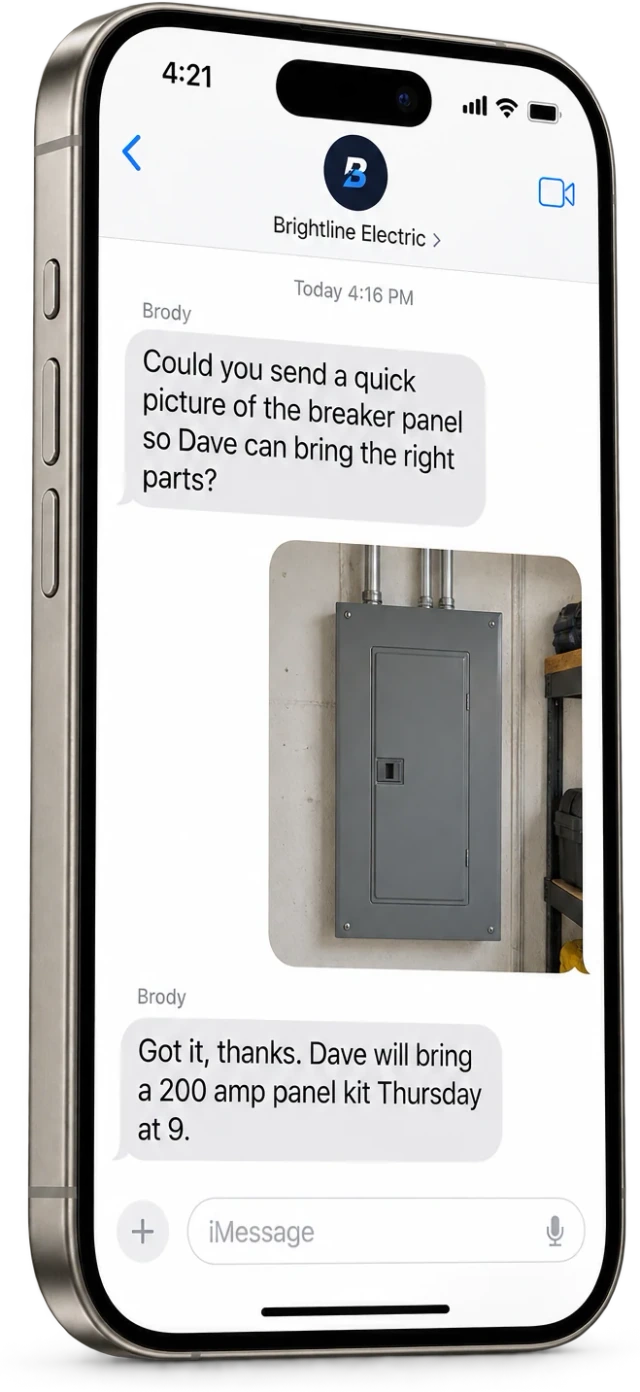 An iPhone Messages thread where Brody books an EV charger site visit and the homeowner sends a panel photo