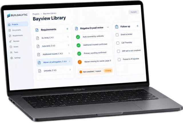 Illustrative Buildalytic browser workspace on a MacBook, using example project data