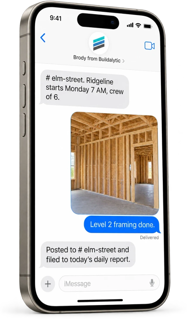 Example text thread on a superintendent's iPhone where a job channel message arrives by text and his reply posts back to the channel