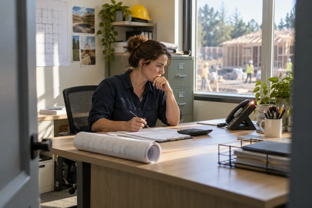 A construction office manager reviewing a cost worksheet beside a business phone, with a framed building visible through the window.