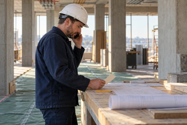 A project manager pauses at a clean workbench to take a call and review an unlettered handoff card.