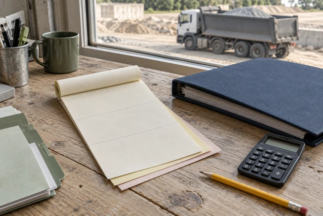 Plain haul-ticket slips, a load-register folder and calculator lie on a site-office table with a parked truck outside.