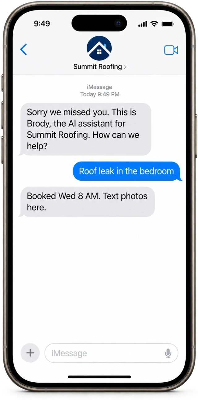 An iPhone Messages thread where Brody texts back a missed caller and books an inspection