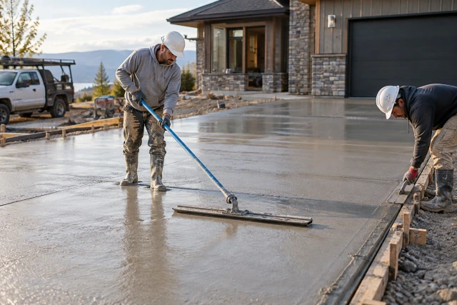 A concrete crew floating and edging a fresh driveway slab