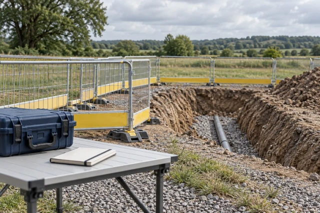 A fictional quiet utility corridor with visible pipe and a closed field-record notebook outside temporary barriers.