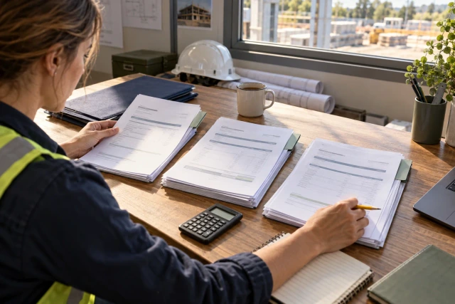 A fictional construction accounts administrator compares three plain document groups beside a calculator and navy folder.