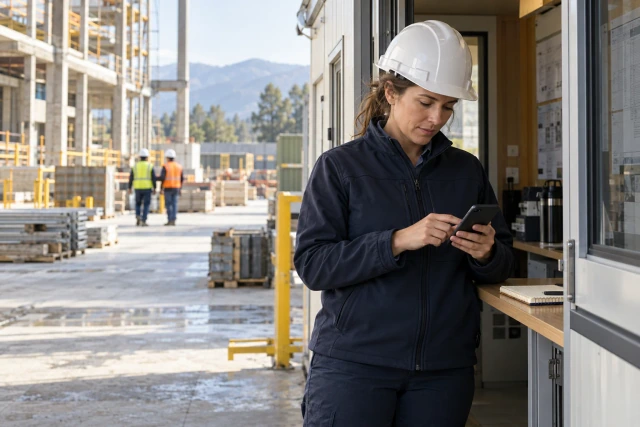 A superintendent reviews a phone and callback notebook in a quiet jobsite-office doorway.
