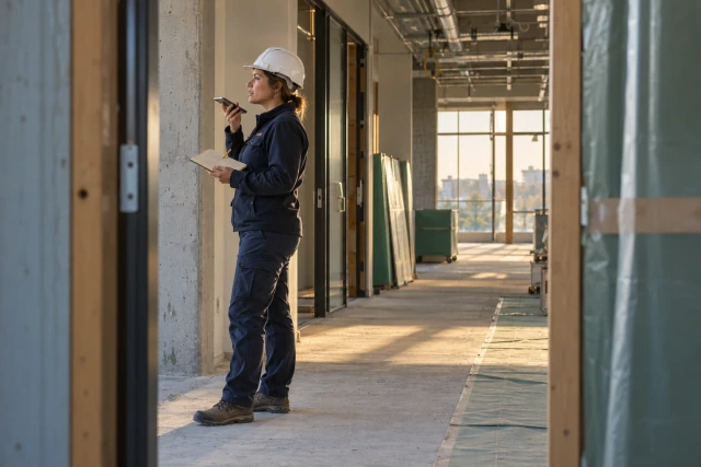 A foreman records a voice note from a safe position in a quiet unfinished corridor.