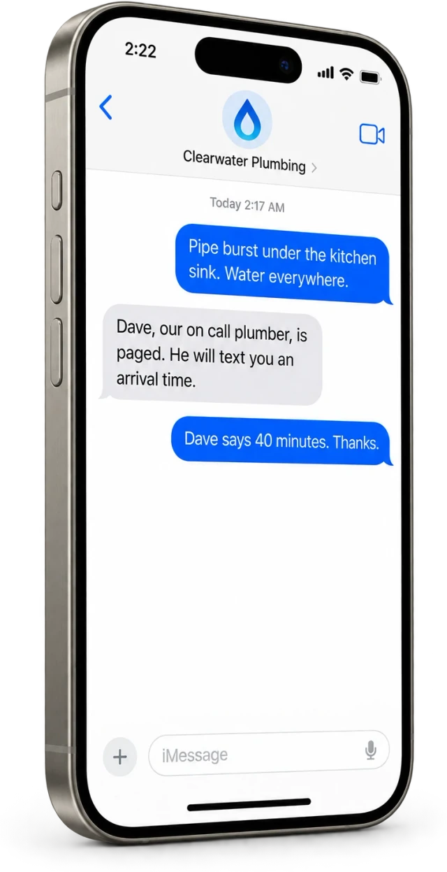 An iPhone Messages thread where Brody tells a caller with a burst pipe that the on call plumber is paged