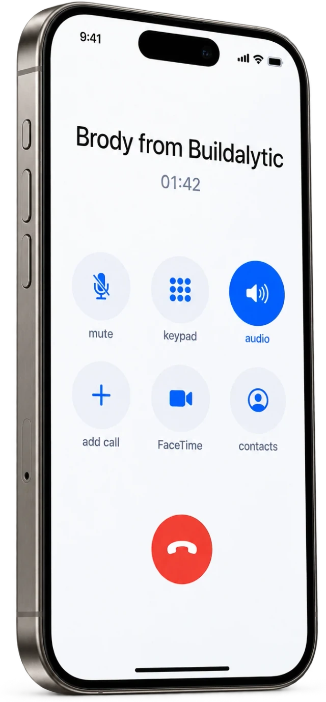 An iPhone showing a call with Brody from Buildalytic on the native call screen with the timer running
