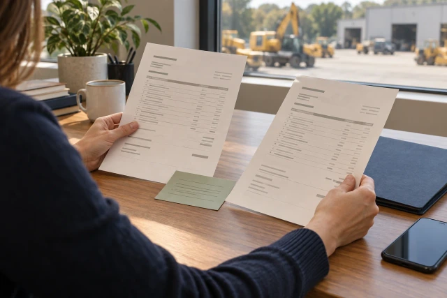 A fictional accounts coordinator compares two invoice-style records in an office overlooking a parked equipment depot.