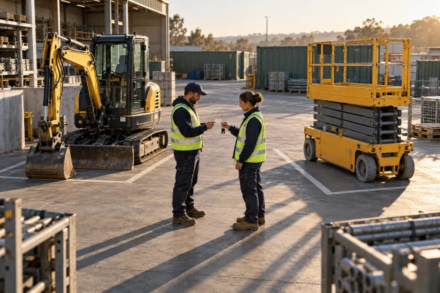 Two equipment coordinators conducting a handover between a parked compact excavator and scissor lift in a contractor yard.