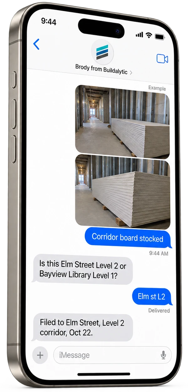 An iPhone Messages thread where a drywall sub texts two photos, Brody asks which job and then files them to Elm Street Level 2