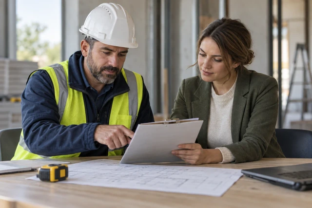 A fictional foreman and estimator discuss a plain production record at a quiet indoor site meeting table.