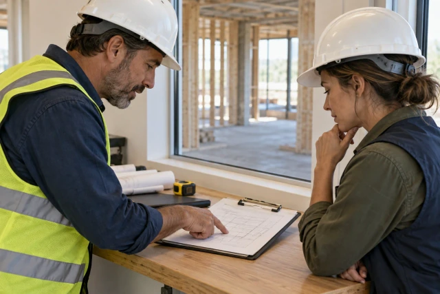 Two fictional construction professionals discuss a field worksheet at a quiet site-office counter.