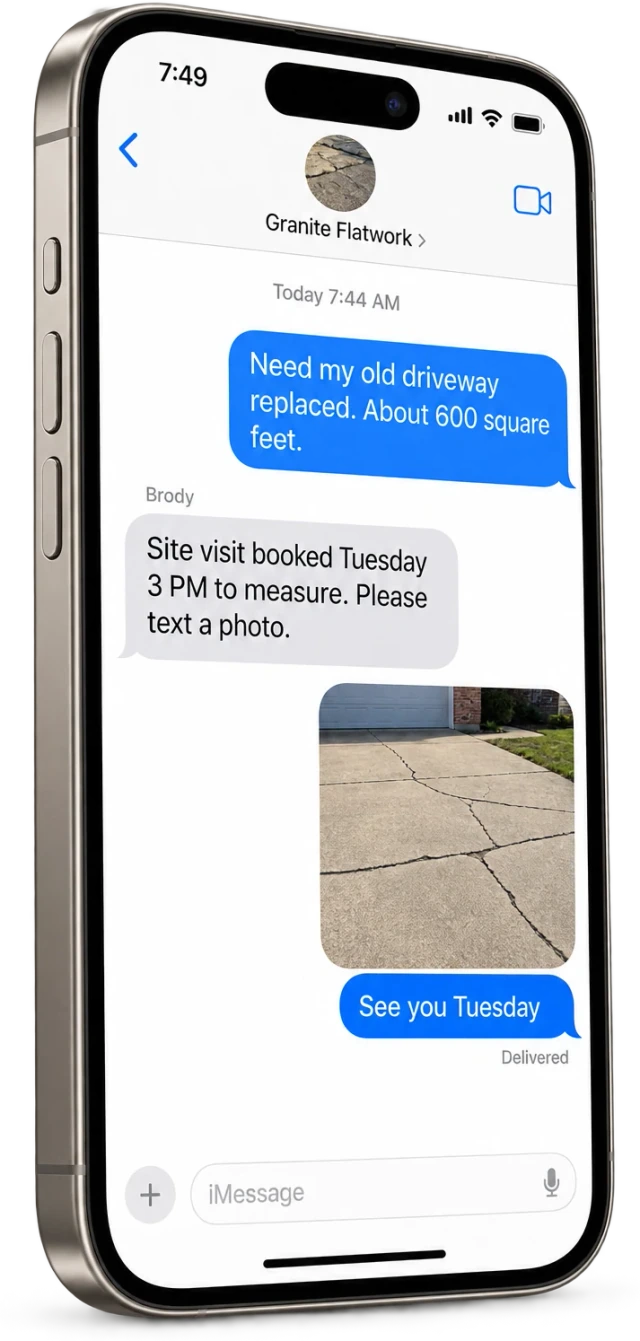 An iPhone Messages thread where Brody books a driveway site visit and the homeowner sends a photo