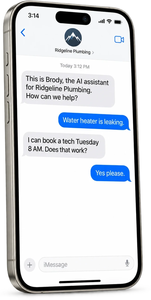 An iPhone Messages thread where Brody texts back a missed caller about a leaking water heater and books a Tuesday visit