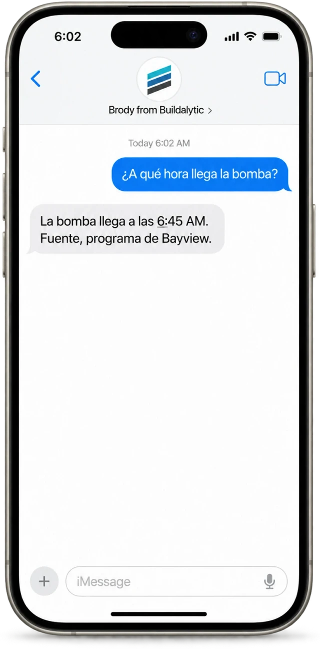 An iPhone showing a Spanish text from Brody with the pump arrival time and its source