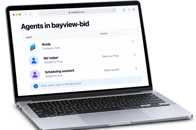 Illustrative agents list inside the Buildalytic browser workspace on a MacBook