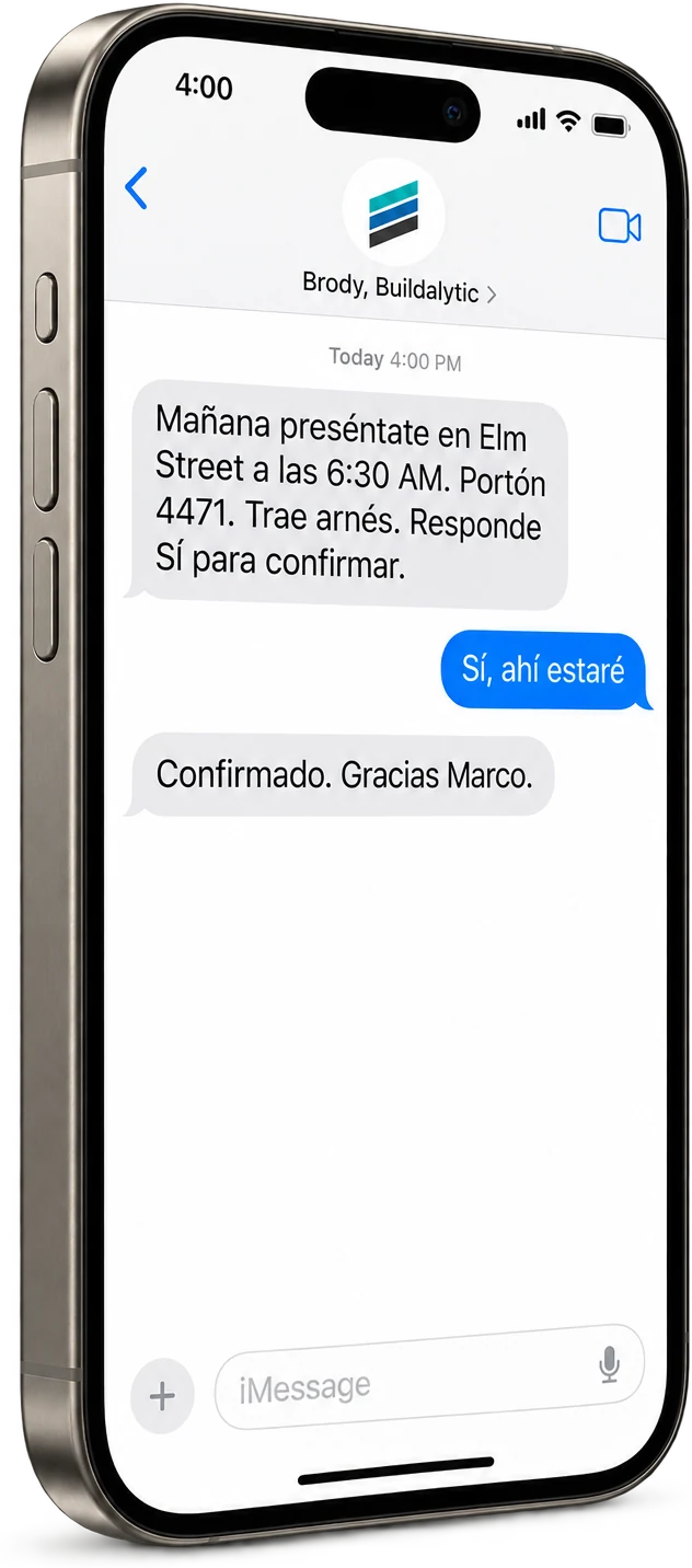 An ordinary Messages thread in Spanish with the Elm Street start time and gate code, the worker’s confirmation and Brody’s acknowledgement