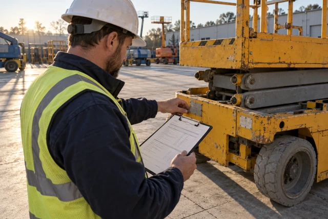 An equipment manager comparing a parked scissor lift asset tag with rental paperwork on a clipboard in a return yard.