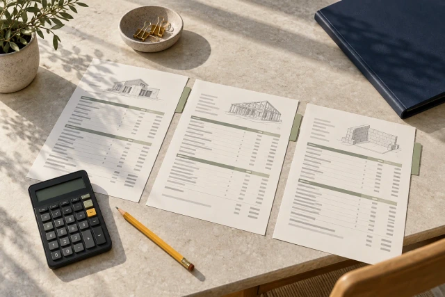 A calculator, pencil and three abstract construction calculation sheets arranged on a pale desk.