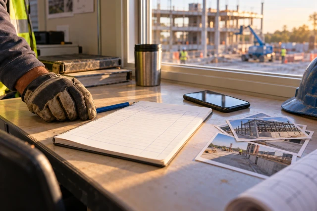 A site office desk with a phone, field notebook and construction photographs