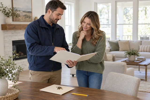 A fictional builder coordinator and homeowner review a plain folder beside a key envelope in a bright finished living room.