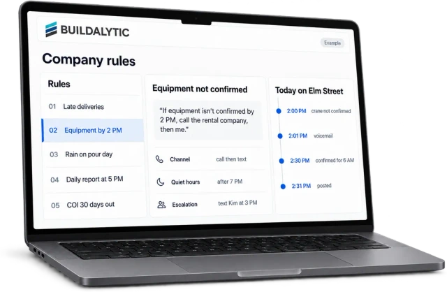 Illustrative company follow-up rules and approvals in a browser workspace on a MacBook