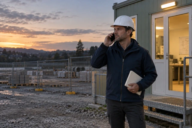 A superintendent calls from outside a quiet site office at dusk holding a plain notebook.