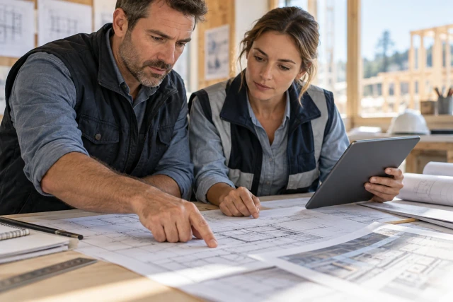 Project managers review drawings and source documents at a desk