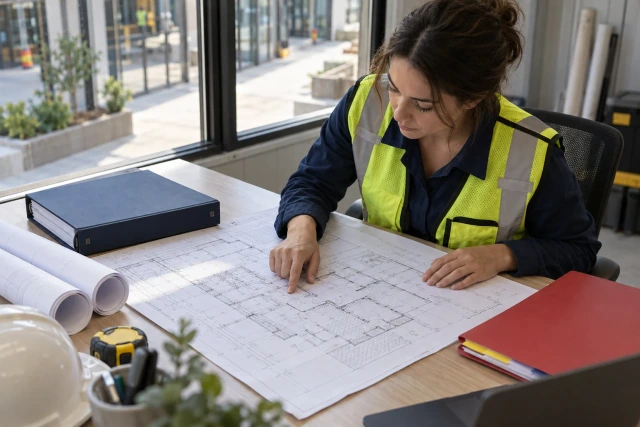 A fictional project coordinator reviews a location drawing beside navy and red document folders in a site office.