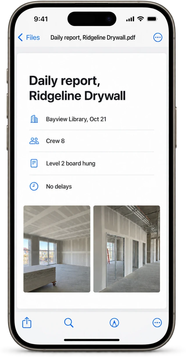 An iPhone showing a daily report PDF for Ridgeline Drywall with manpower, work completed and photos