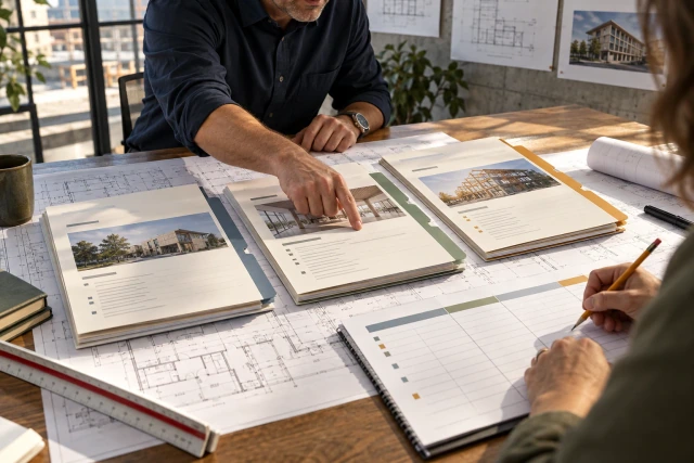 Estimators comparing three tabbed proposal packets against an architectural plan and a scope-comparison worksheet.