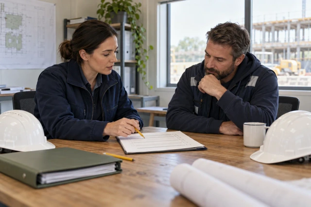 A fictional safety coordinator and foreman review a plain checklist in a quiet site office.