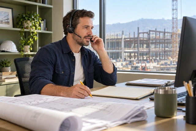An estimator uses a headset while reviewing an unlettered trade-coverage worksheet in a construction office.