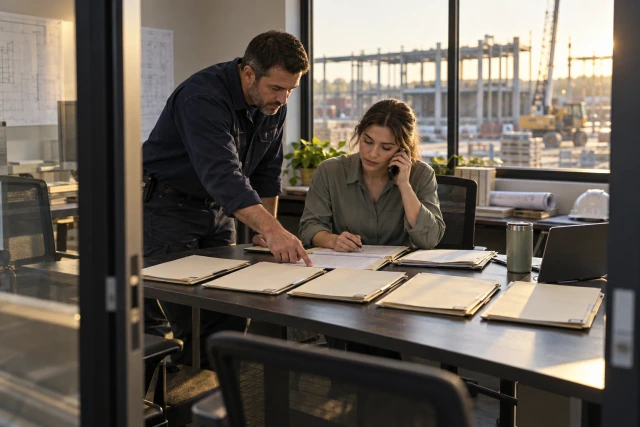 A construction project manager and cost coordinator reviewing unresolved project folders while making a follow-up call.