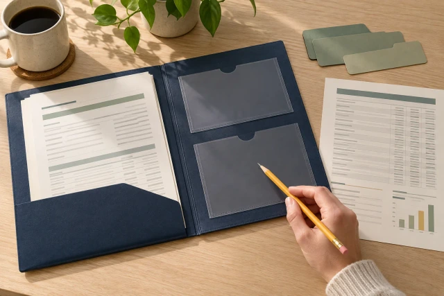 An illustrative change-order folder with separate calculation sheets and an empty attachment pocket.