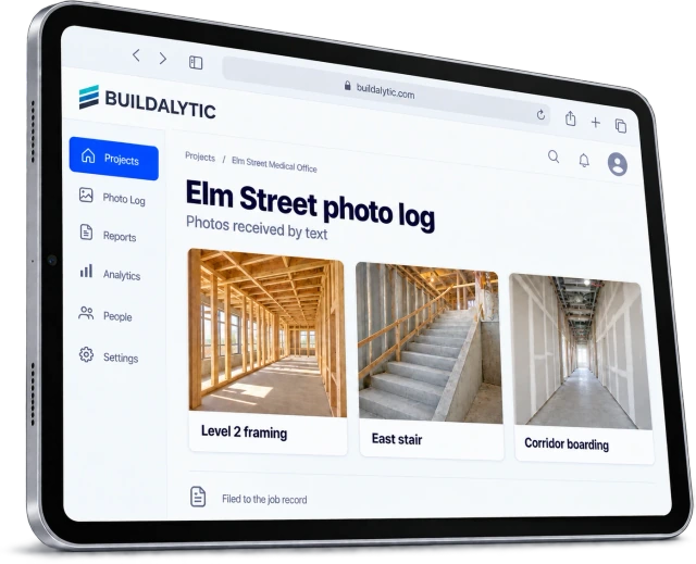 A browser photo log on an iPad with job photos received by text and filed to the project