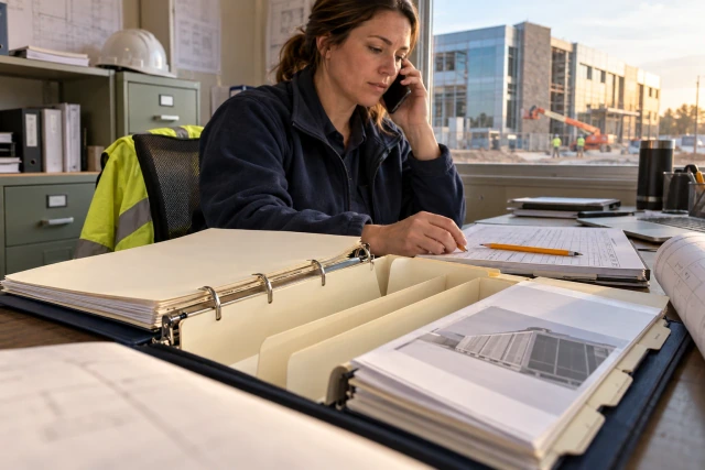 A project administrator making a follow-up call beside an open turnover binder with empty tabbed sections.