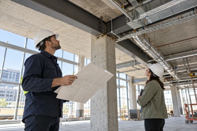 A project engineer and design coordinator comparing a drawing with an unresolved service-route junction in an unfinished interior.