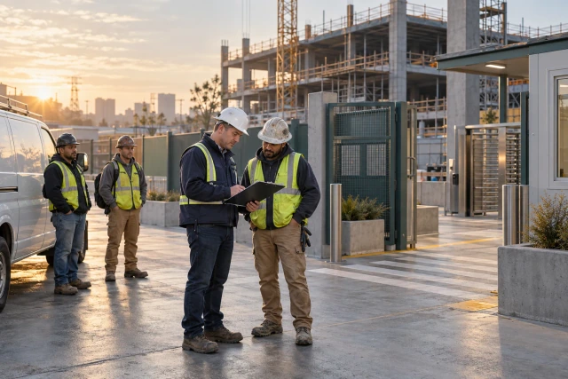 A superintendent checking crew-arrival details with a subcontractor foreman near a parked van at a site entrance.