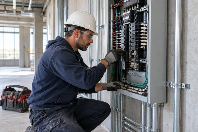 An electrician inspecting a distribution panel in an unfinished commercial room
