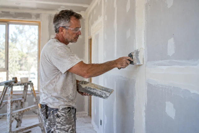 A drywall finisher applying joint compound to a wall seam