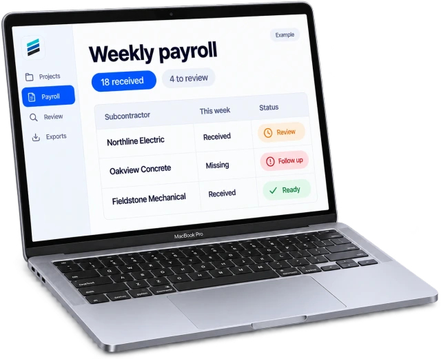 Illustrative Buildalytic payroll review workspace showing received, missing and ready submissions.