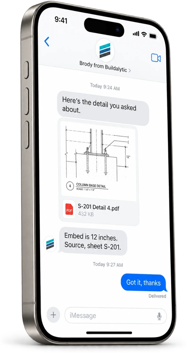 An iPhone text thread where Brody sends a foreman the S-201 detail 4 drawing with a short answer and the source sheet
