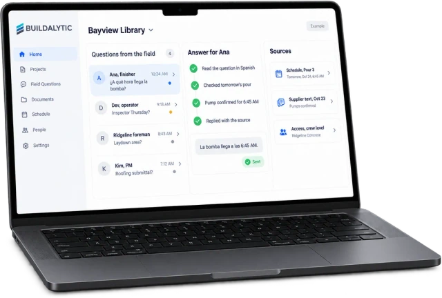 Illustrative Buildalytic browser workspace on a MacBook, using example project data